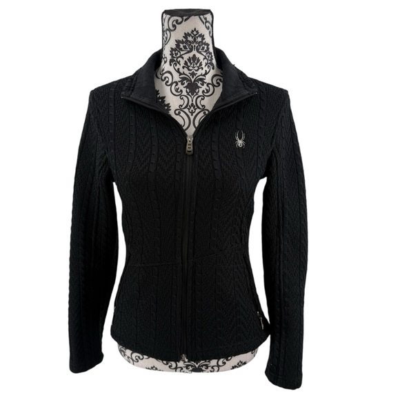 Spyder Black Cable Knit Full-Zip Sweater Jacket Logo Embroidery, Cozy Skiwear - Picture 1 of 13